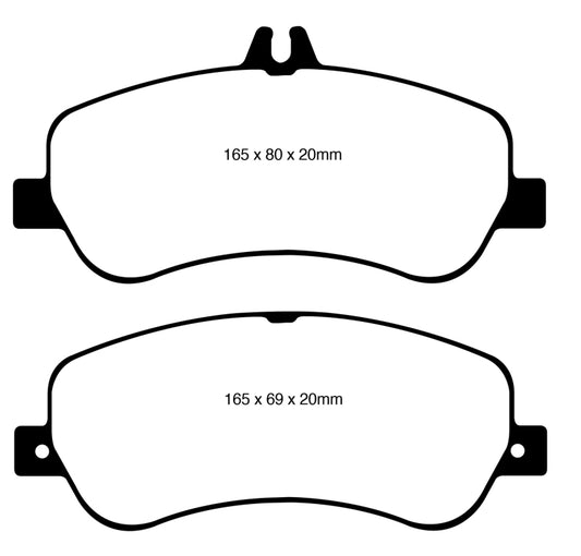 EBC performance red brake pads for Mercedes-Benz GLK250 2.1 Twin TD front brakes, showing the orange brake pad with metal backing