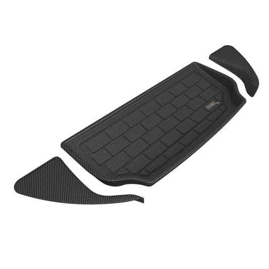 Black 3D MAXpider Tesla Model X Kagu front cargo liner with custom rubber floor mats, designed for 2022-2023 Tesla Model X.