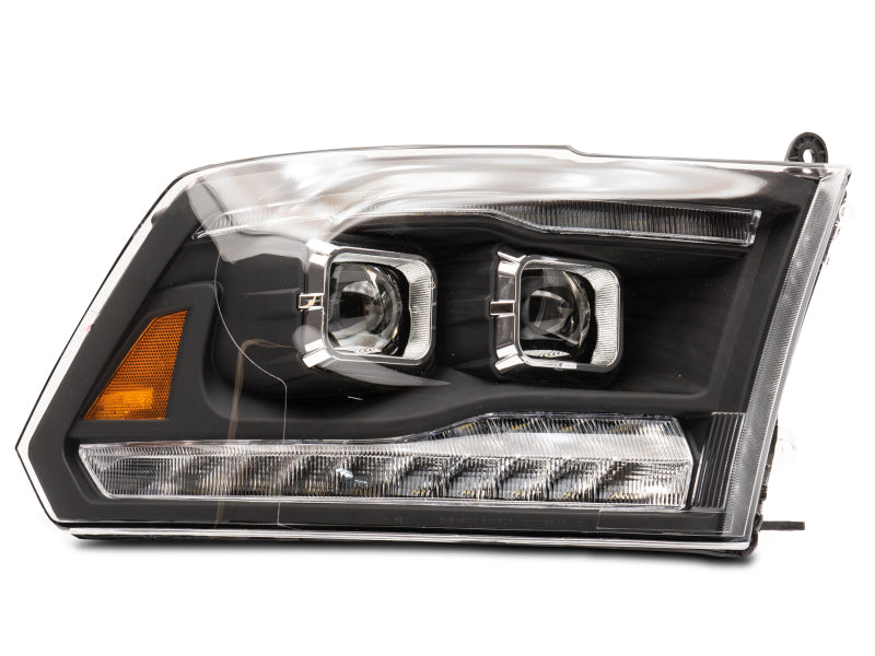Raxiom black housing LED projector headlights with switchback turn signals for 09-18 RAM 1500 truck, clear lens, modern design
