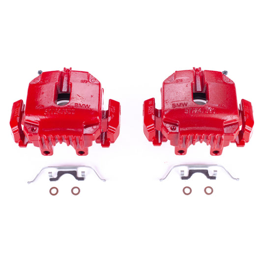 Pair of PowerStop red front brake calipers with brackets for 2006 BMW 325i, performance brake calipers, front disc brake replacement