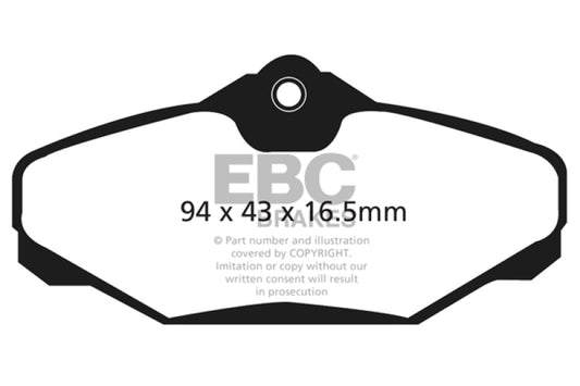 EBC Ultimax2 rear brake pads for Ford Taurus 3.0, OE style, with visible brake pad friction material and backing plates.
