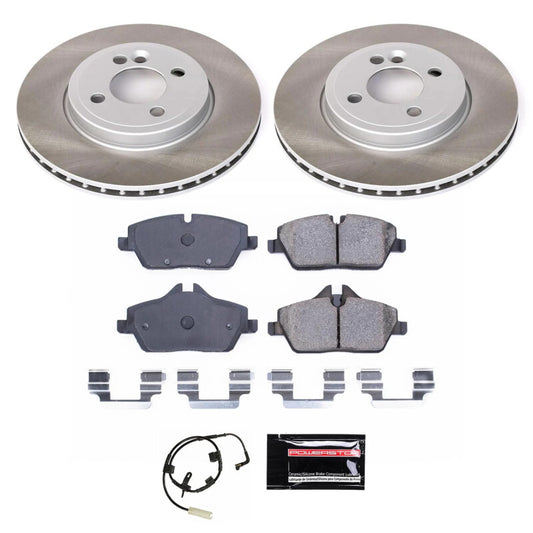 PowerStop 07-10 Mini Cooper front semi-coated brake rotor kit with performance blank brake rotors and mounting hardware.