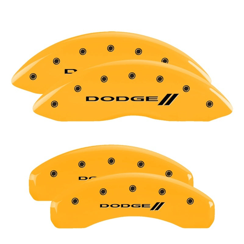MGP 4 caliper covers with Dodge II logo in yellow finish on front and rear of 2011-2018 Dodge Durango, black accents.