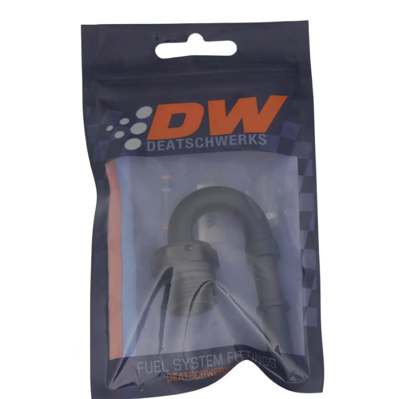 DeatschWerks black anodized 8AN ORB male to 3/8-inch male EFI quick connect adapter with 180-degree bend for fuel system use.