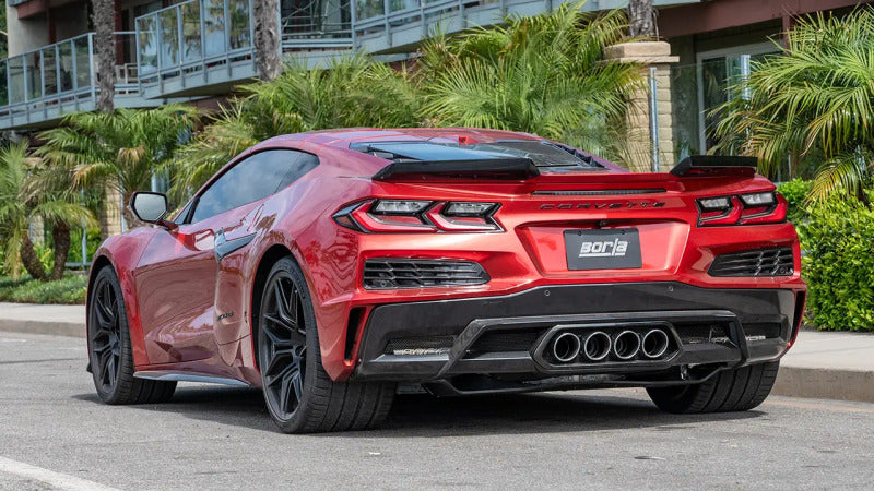 Borla catback exhaust system for Chevrolet Corvette C8 Z06 5.5L V8, featuring 3-inch ATAK exhaust with reused OE tips.