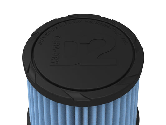 aFe POWER universal clamp-on air filter with D2 Dura-Dry media, 2-3/4 inch diameter, black and silver finish, shown installed on intake system