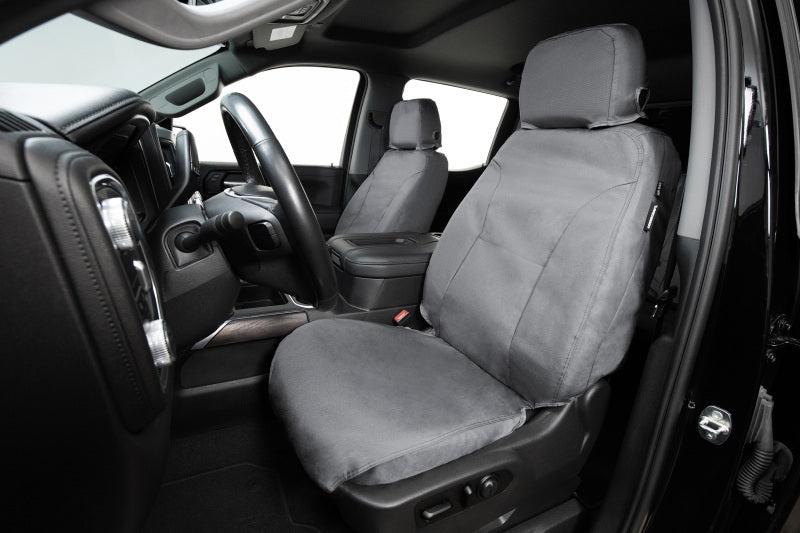 Covercraft waterproof grey front row seat covers for Ford Transit 2014-2023, made for durable protection and comfort.