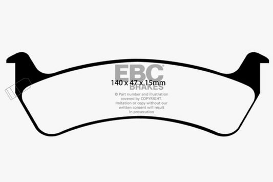 EBC Ultimax2 rear brake pads for Jeep Grand Cherokee 4.0, OE style, featuring black friction material and metal backing plates.