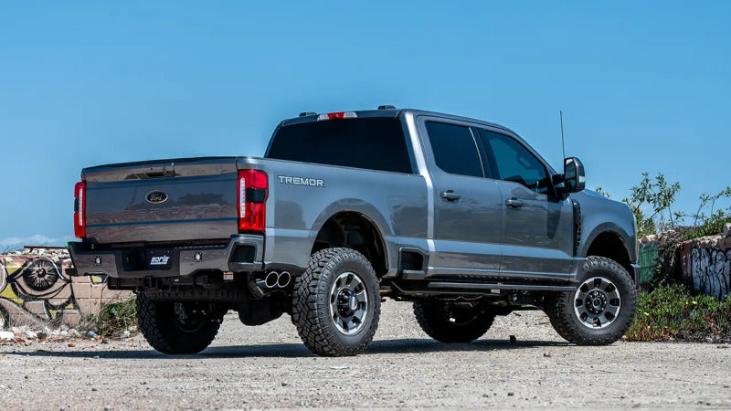Borla cat-back exhaust system for 2020-2026 Ford F250/F350 Super Duty 7.3L V8 SRW truck, showing the polished pipes and muffler.