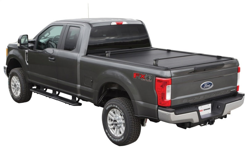 Pace Edwards UltraGroove retractable metal bed cover on a 2017 Ford F-Series Super Duty 6ft 9in bed, showing closed design