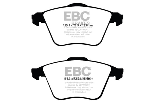 EBC greenstuff performance front brake pads for Mazda 3 2.3 Turbo, visible green friction material and metal backing plate.