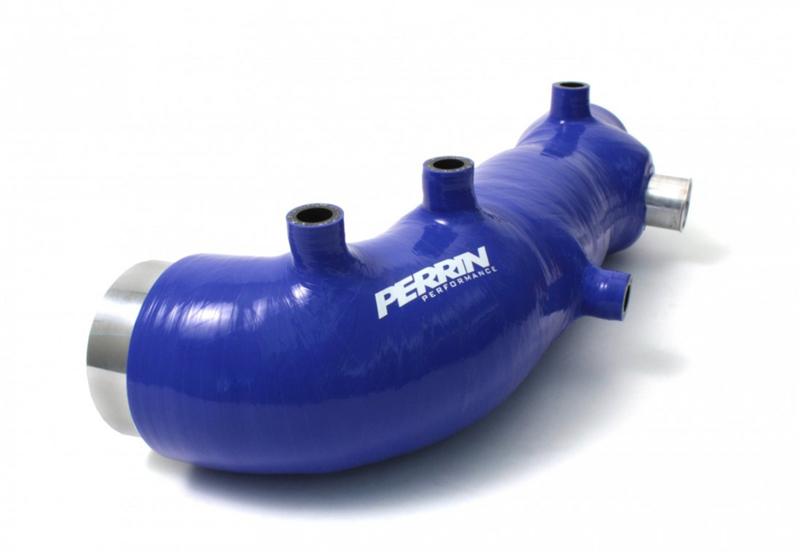 Blue Perrin Performance turbo inlet hose for Subaru WRX, STI, and Forester XT engine air intake system.