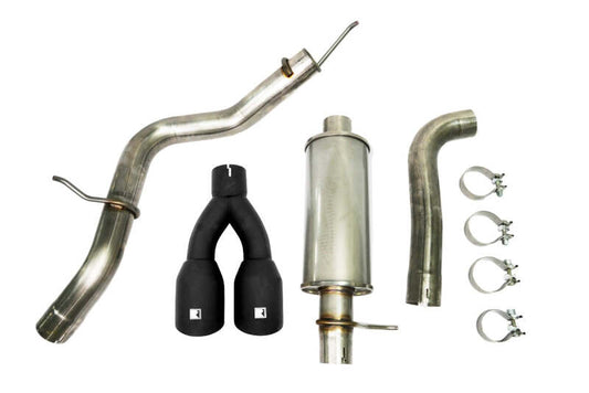 Roush Ford Ranger 2.3L performance catback exhaust with black tips, showing the exhaust system and tailpipes.