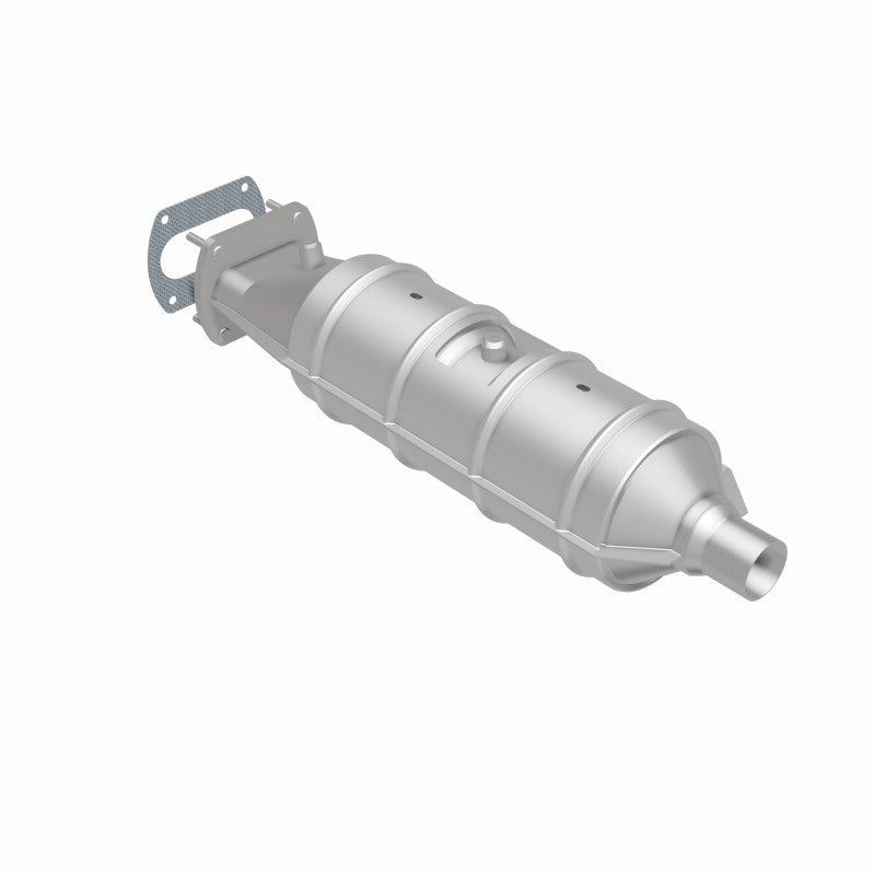 MagnaFlow catalytic converter for Ford trucks 87-95 5.8/7.5L, direct fit exhaust component, silver metal with mounting points.