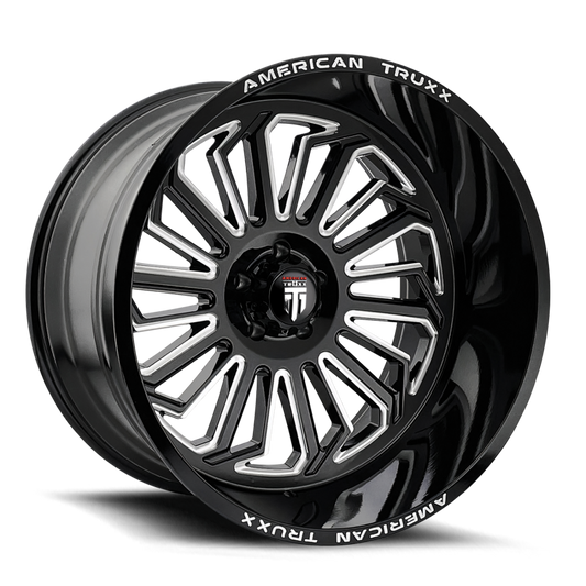 American Truxx AT1916 Butcher cast wheel in gloss black with milled accents, 24x14 inches, 6x139.7 bolt pattern, -76mm offset