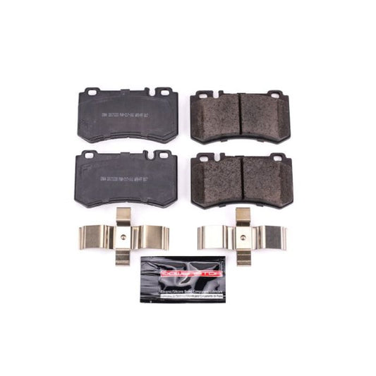 PowerStop Z23 Evolution rear sport brake pads for Mercedes-Benz CL55 AMG, showing hardware and high-performance design.