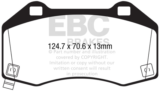 EBC Abarth Greenstuff front performance brake pads for 2017+ Fiat 124 Spider 1.4L Turbo, shown in image