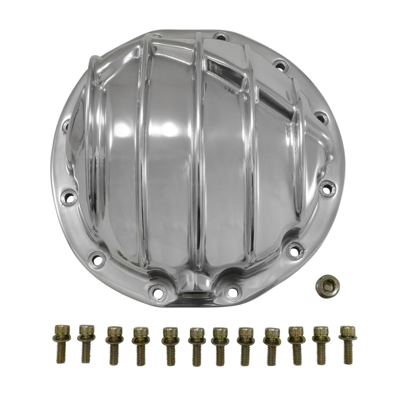Polished aluminum Yukon Gear GM 12 Bolt differential cover for improved protection and style in automotive repair.