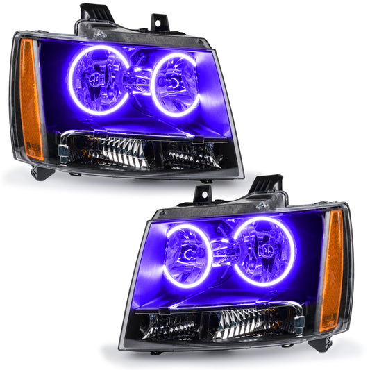 Oracle Lighting LED Halo Headlights for 2007-2014 Chevrolet Suburban with purple UV glow, pre-assembled with halo rings and clear lenses.