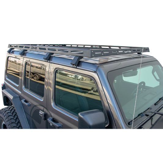 DV8 Offroad 18-21 Jeep Wrangler JL 4-door roof rack mounted on vehicle, durable black metal construction for outdoor gear transport