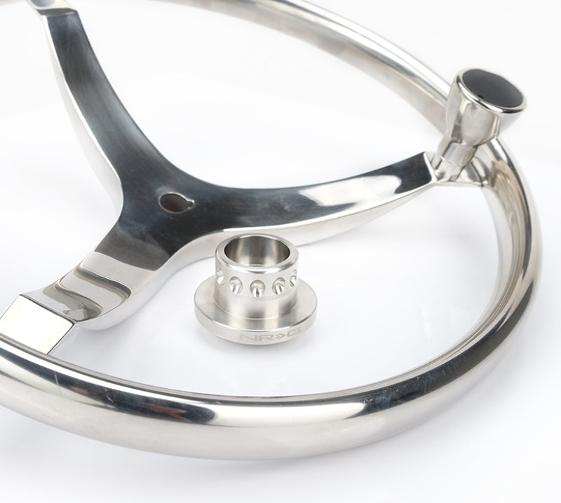 NRG stainless steel short spline adapter for marine steering wheel hubs with 3/4 keyway tapered shaft, durable and precise fit.