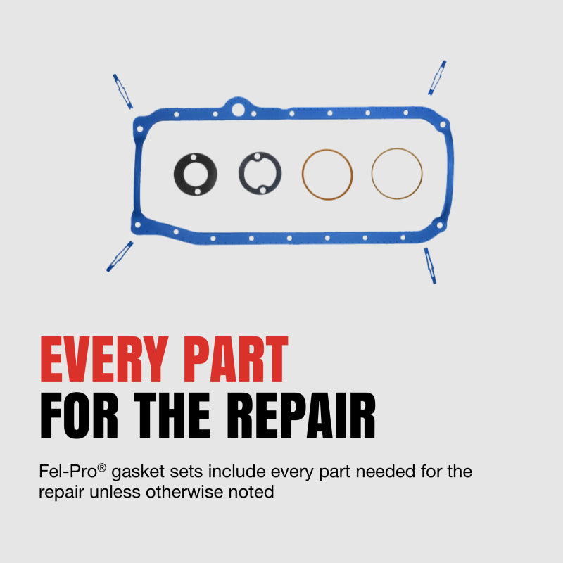 Fel-Pro Cadillac STS engine oil pan gasket set with PermaDry molded rubber, including gasket kit components for engine sealing.