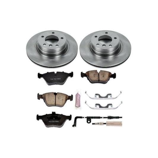 PowerStop OE brake kit for 2004-2005 BMW 525i front suspension with brake pads and rotors installed.