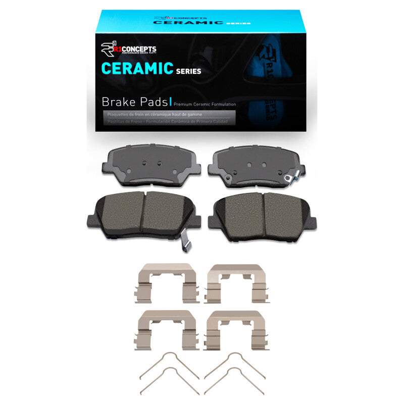 R1 Concepts Hyundai Creta 2010-2025 front ceramic brake pads and hardware kit, OE quality for Mexico models, shown with hardware included.