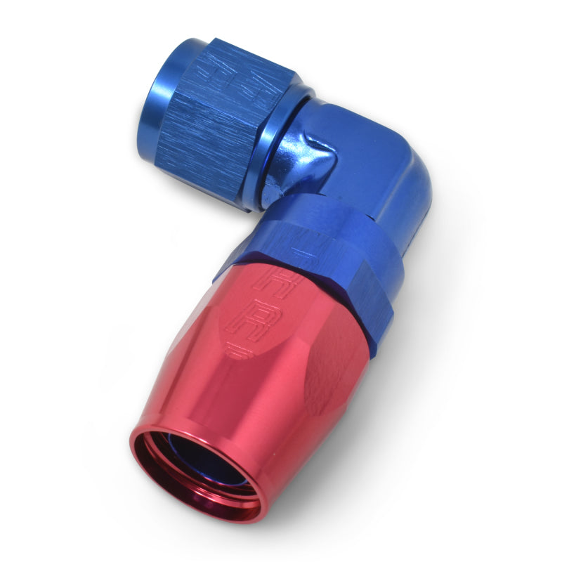 Russell Performance -6 AN red and blue 90-degree forged aluminum swivel hose end fitting showing detailed metal construction