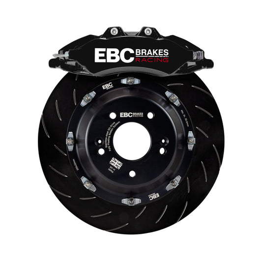 EBC Racing black Apollo-6 front brake calipers with 380mm rotors for Toyota GR Supra 2019+ big brake kit, showcasing high-performance brakes.