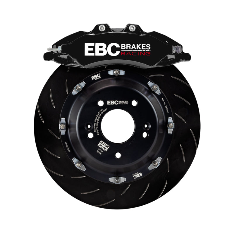EBC Racing Black Apollo-6 front brake calipers and 380mm rotors from the Nissan 400Z big brake kit, performance braking components