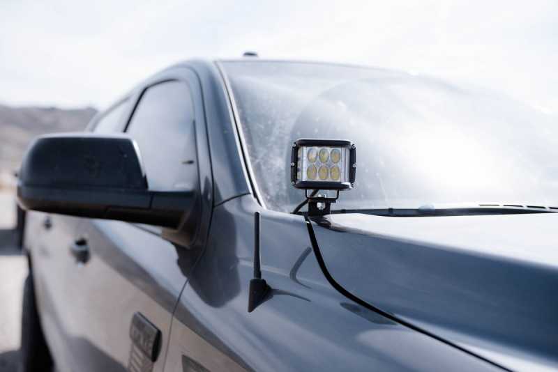 Cali Raised LED Toyota Tundra ditch light brackets kit with amber LED pods, low profile mount, no switch included.