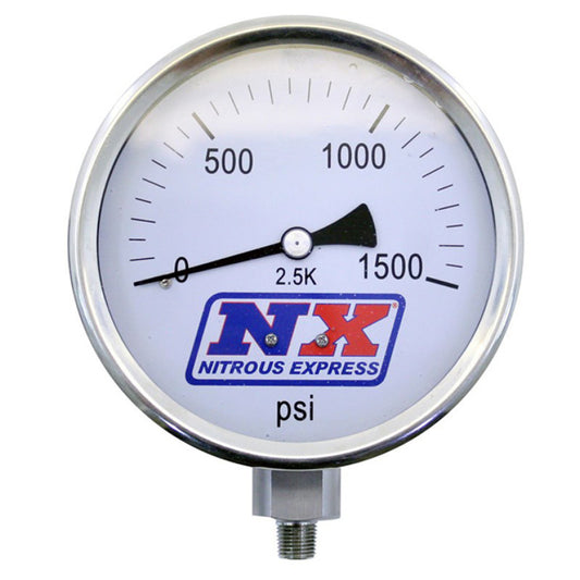 Nitrous Express 4-inch high accuracy nitrous pressure gauge showing detailed dial and measurement markings for vehicle performance monitoring