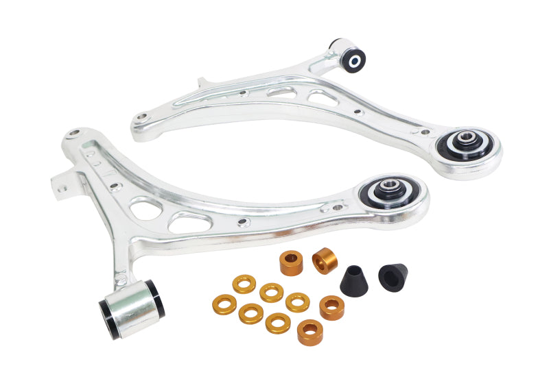 Whiteline front lower control arms with caster correction for 2017-2021 Subaru WRX and STI vehicles, showing the control arm components.