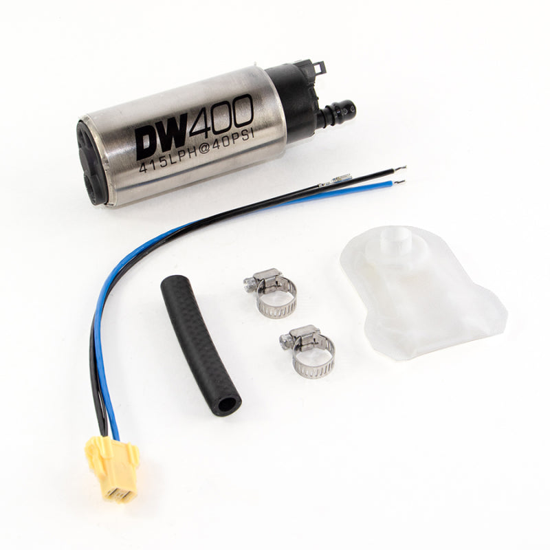 DeatschWerks 415LPH DW400 in-tank fuel pump with 9-1041 install kit for 98-2011 Nissan Patrol, showing the pump and installation components.