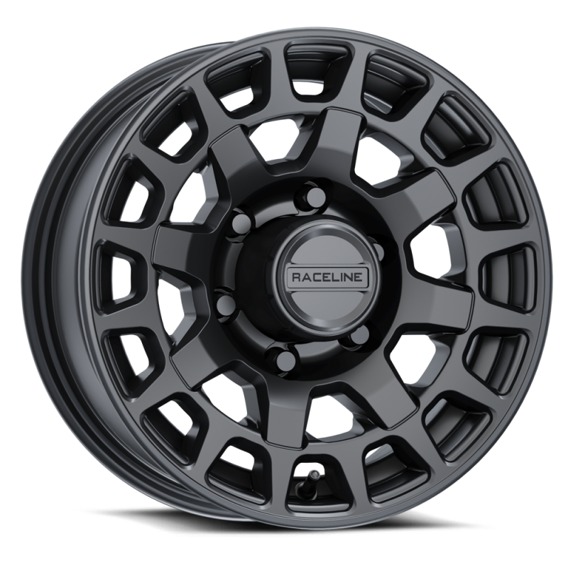 Raceline 873B Backcountry forged trailer wheel in satin black, 16x6 inches with 8x6.5 bolt pattern and 0mm offset.