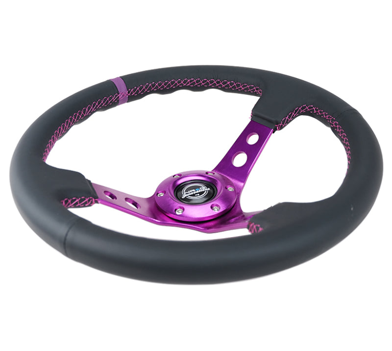 NRG black leather reinforced steering wheel with purple center and stitching, 350mm diameter and 3-inch deep design.