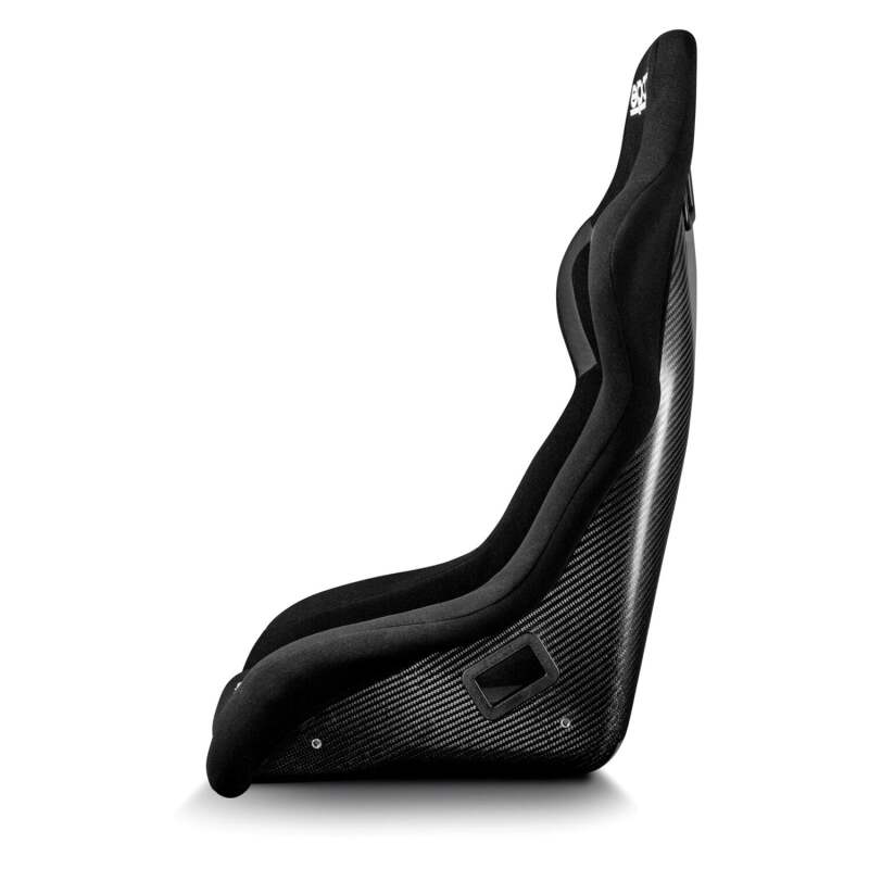 Black Sparco EVO L Carbon race seat with ergonomic design and racing harness openings for high-performance driving.