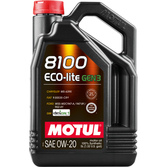Motul 5L 8100 Eco-Lite Gen3 0W20 full synthetic engine oil container for motor oil applications.
