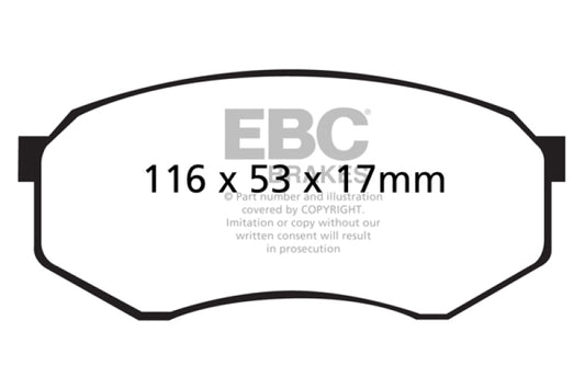 EBC Ultimax2 front brake pads for 92-93 Toyota Pick-Up Extra Cab, OE quality brake pads with friction material and backing plates.