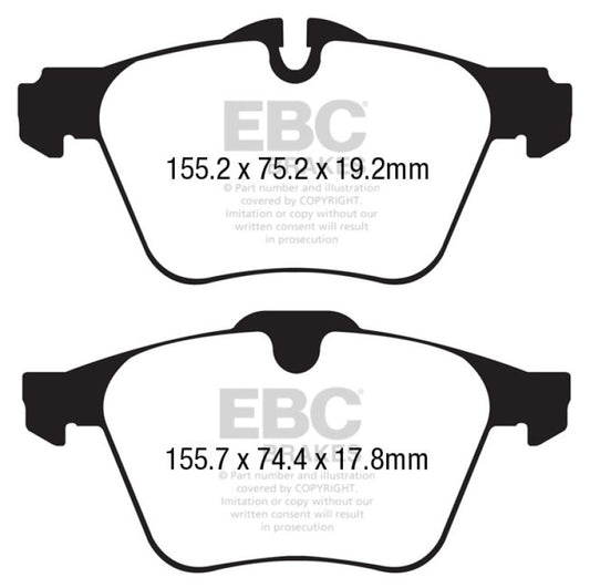 EBC Redstuff front brake pads for Jaguar F-Type 3.0 Supercharged, performance cast iron rotors, shown with red friction material