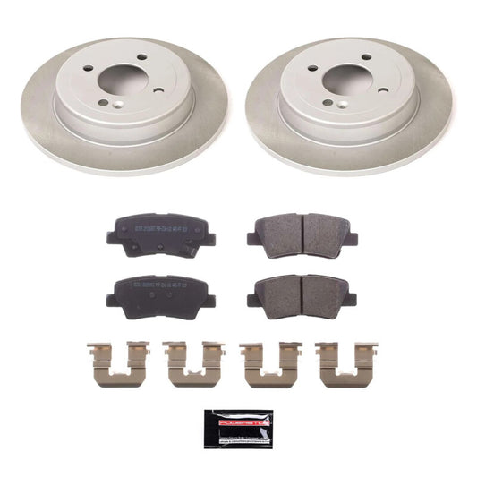 PowerStop rear semi-coated brake rotor kit for 2012-2018 Kia Rio, performance brake kit with semi-coated rotors and hardware.