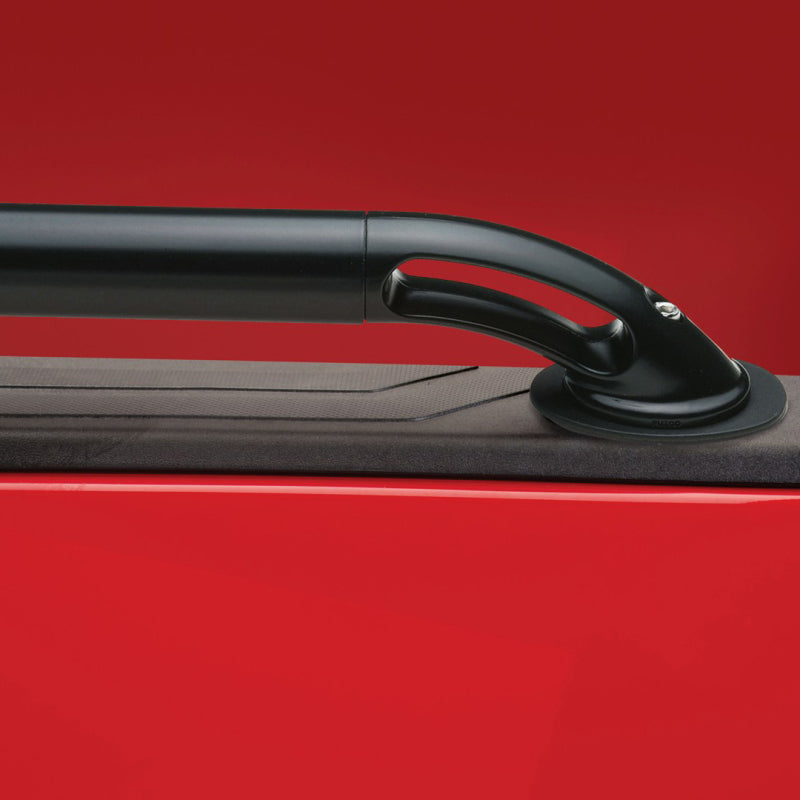 Putco black powder-coated side rails on a 6.5ft bed Toyota Tundra, exterior body armor and rock rails for pickup truck protection.