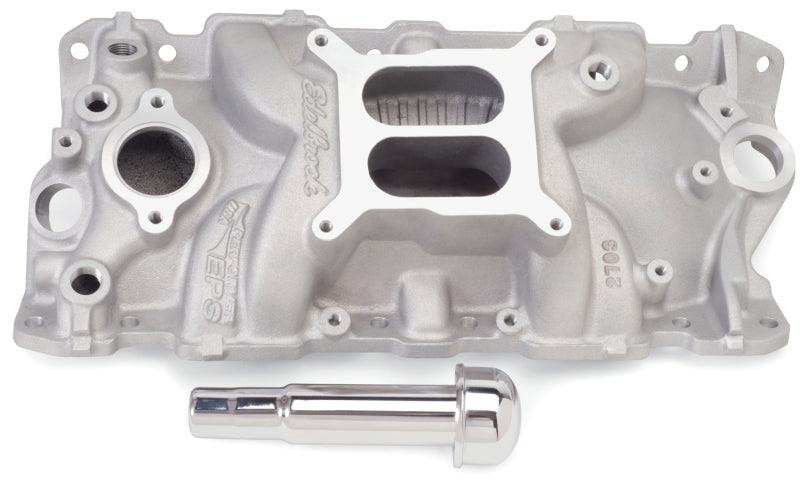 Edelbrock Performer EPS intake manifold for small-block Chevy with oil fill tube and breather, showing polished aluminum finish.