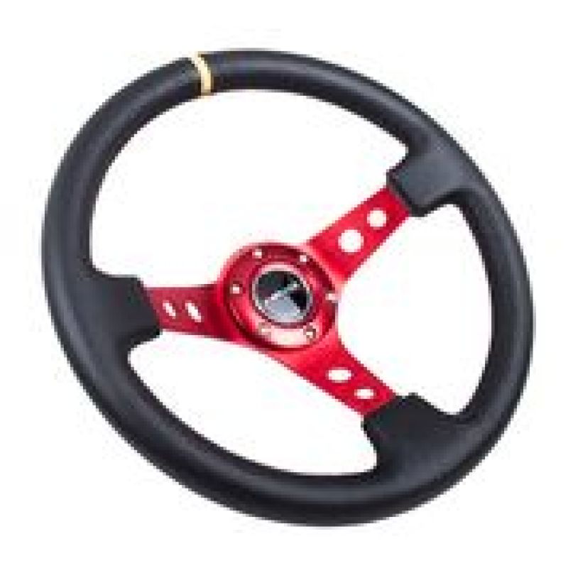 NRG reinforced steering wheel with black leather, red spokes, 350mm diameter, 3-inch depth, and yellow center mark.