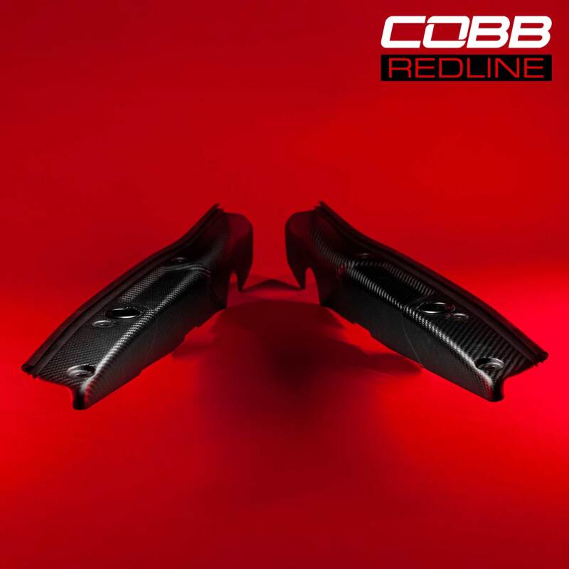 COBB Redline matte carbon engine covers for Subaru WRX 22-25, fender shrouds with sleek red and black finish.