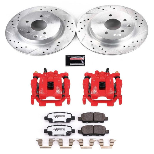 PowerStop Z26 Street Warrior brake kit with rear calipers installed on a 2018 Nissan Maxima, showcasing performance brake components.