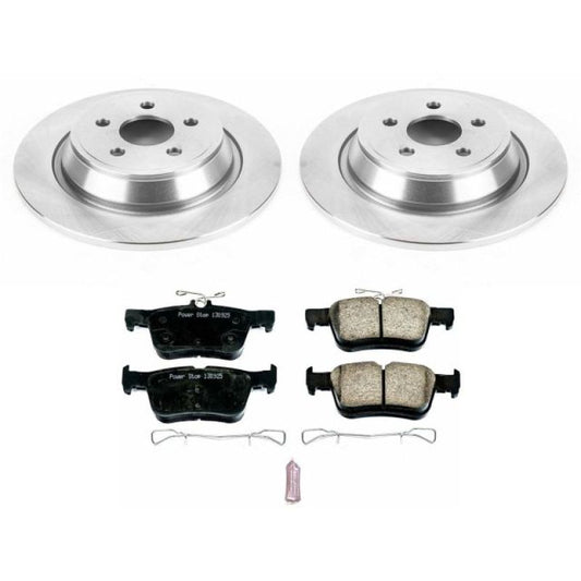 PowerStop OE rear brake kit for Ford Edge (2015-2019) featuring brake rotors and pads in a close-up view.