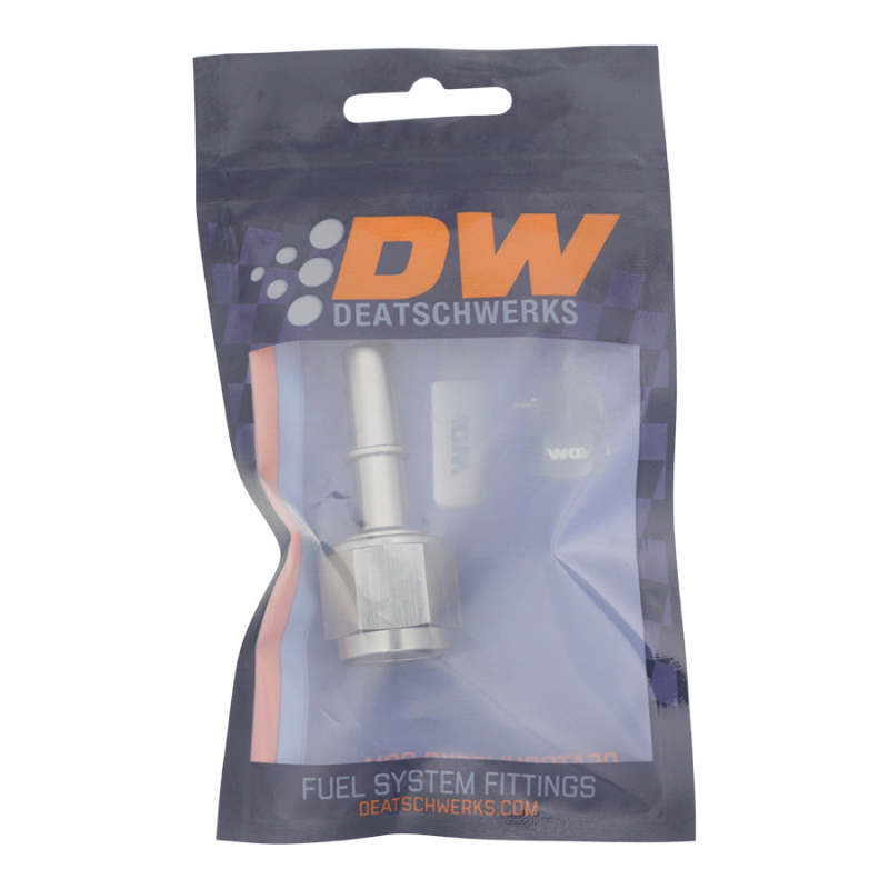 DeatschWerks titanium 8AN female flare swivel fitting connecting to 3/8 inch male EFI quick disconnect, anodized finish.