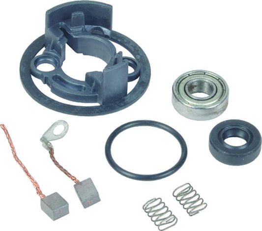 BikeMaster starter rebuild kit with brushes for powersports bikes, showing the rebuild components and brushes in the image.